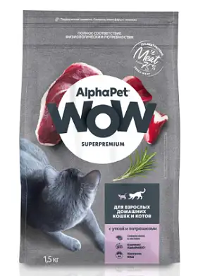 AlphaPet WOW Superpremium Сухой корм c уткой и потрошками для взрослых домашних кошек и котов